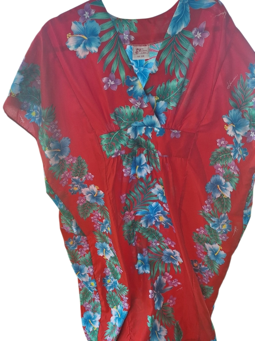 Kalena Fashions Hawaii Red Hibiscus Floral Caftan Muumuu Dress OSFM Tiki Vtg